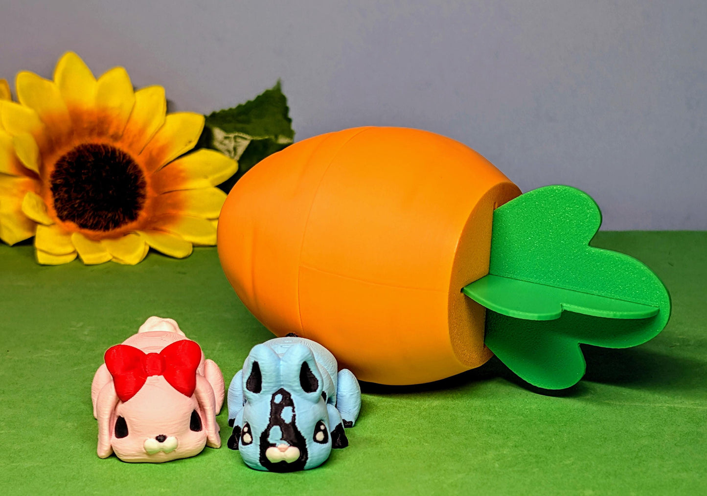 3D Printed Flexy, Fidget, Articulated Bunnies, add on carrot container