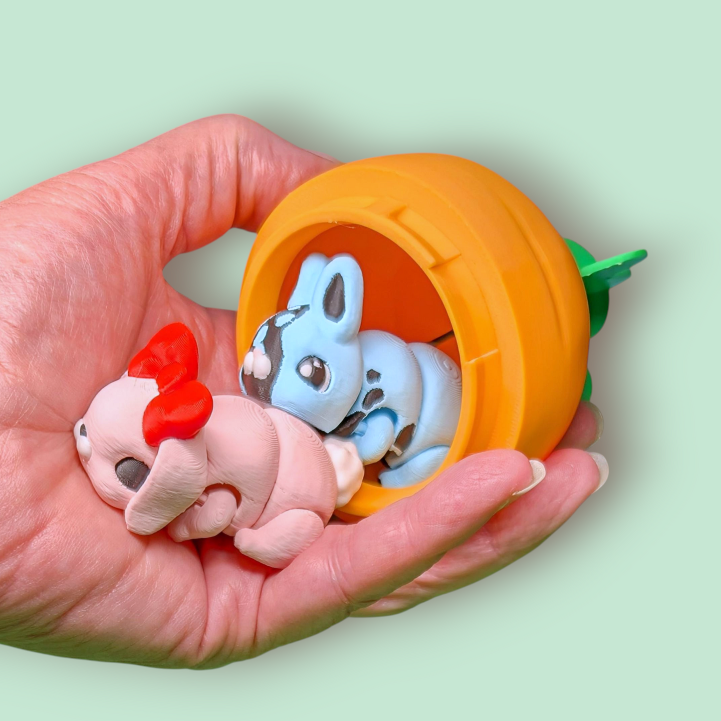 3D Printed Flexy, Fidget, Articulated Bunnies, add on carrot container