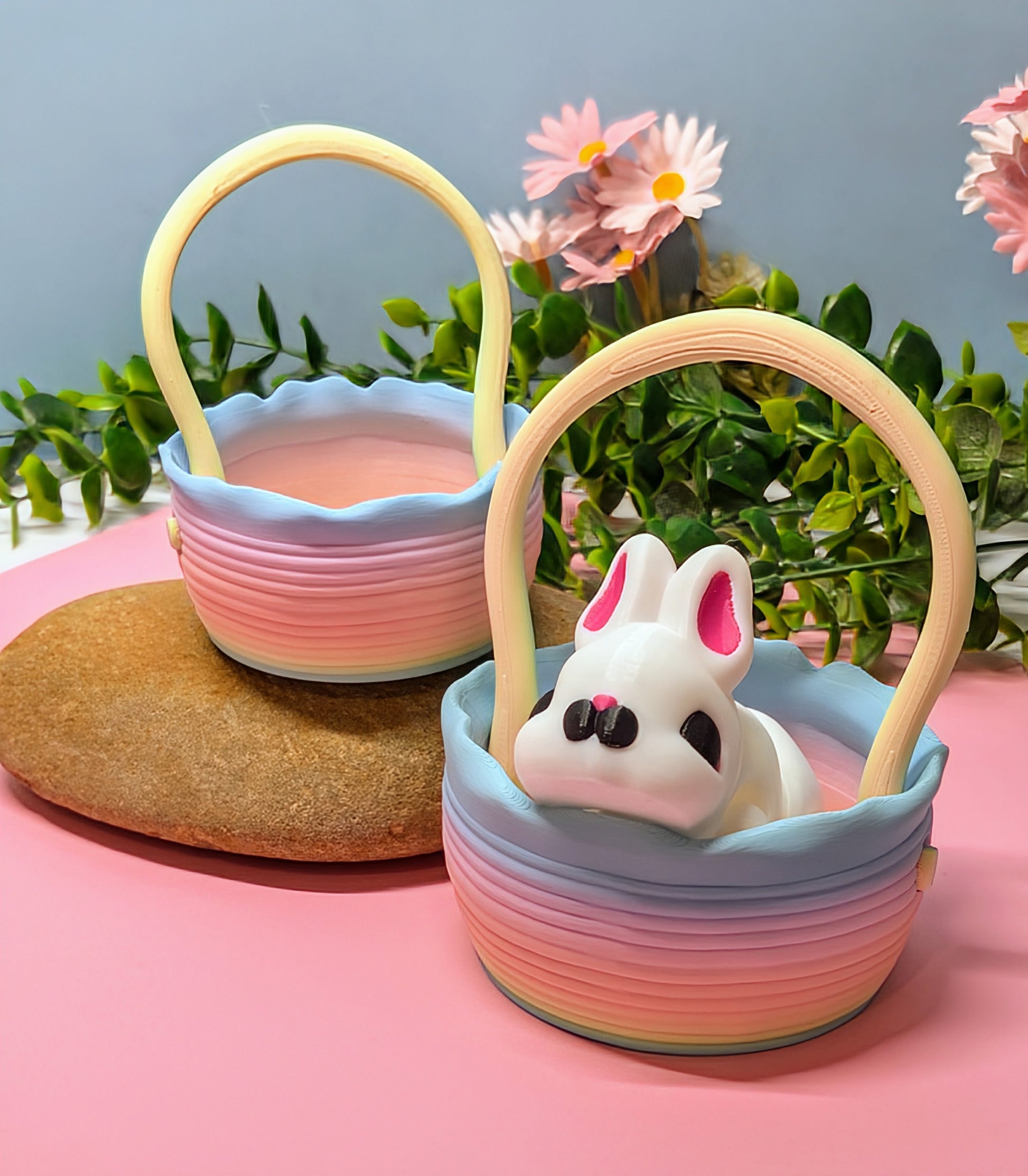 Rainbow coloured 3D printed basket with a handle