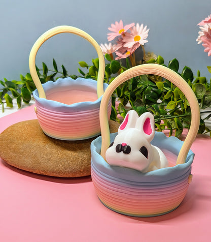 Rainbow coloured 3D printed basket with a handle