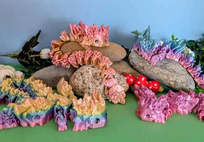 3D Printed Articulated Floral  Rainbow Axolotl  Dragons "Kosha" with Hand painted Eyes*