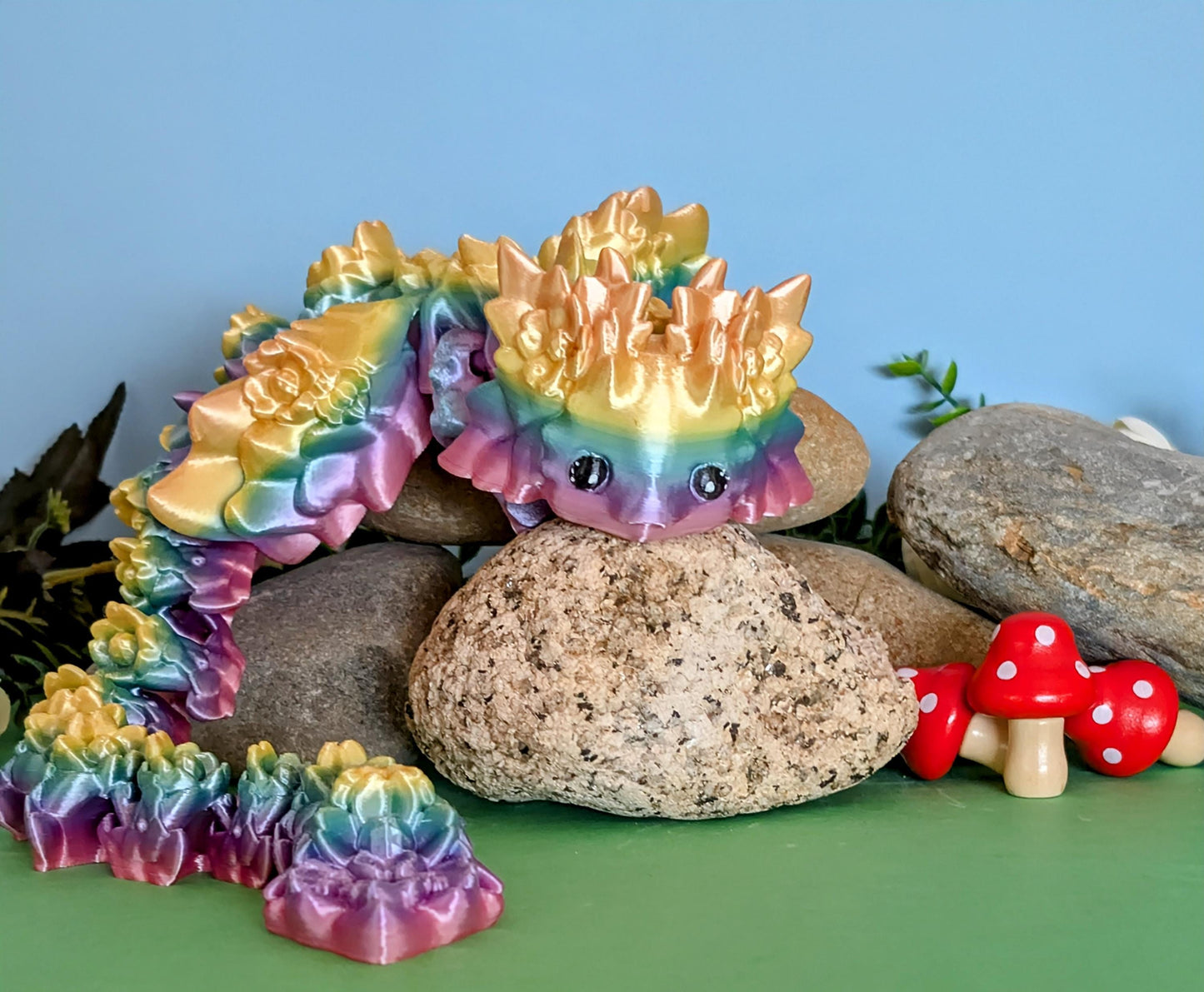 3D Printed Articulated Floral  Rainbow Axolotl  Dragons "Kosha" with Hand painted Eyes*