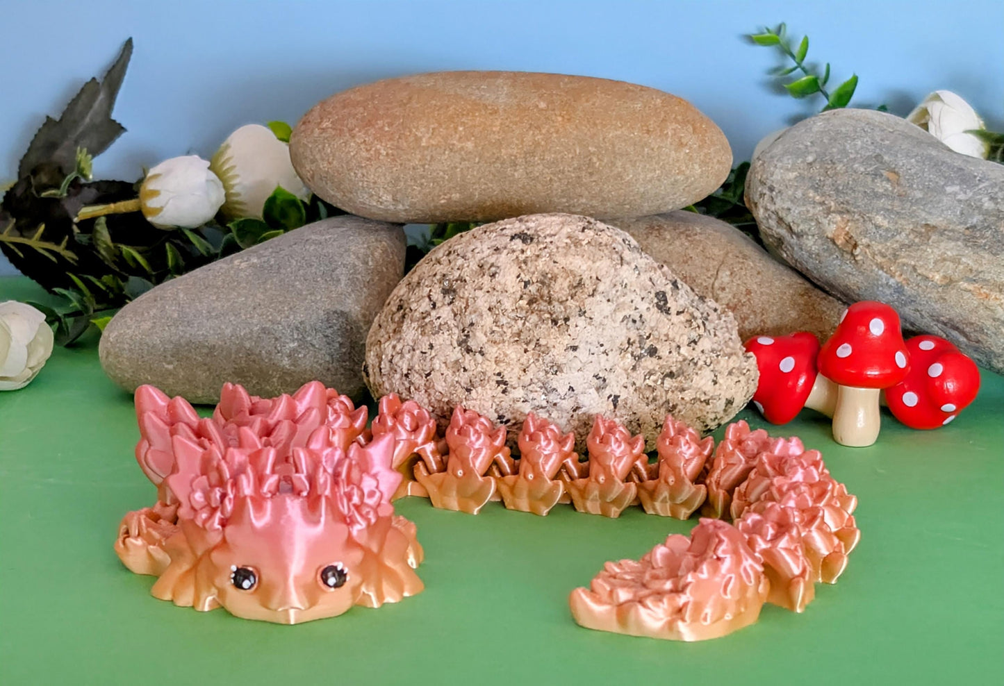 3D Printed Articulated Floral  Rainbow Axolotl  Dragons "Kosha" with Hand painted Eyes*