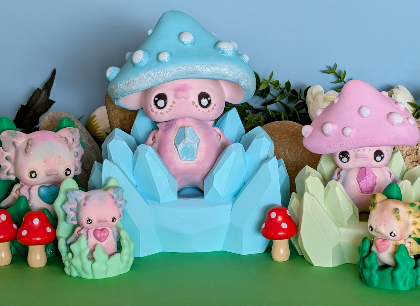 3D Printed Hand Painted Mushroom & Axolotl Pixies One Of A Kind
