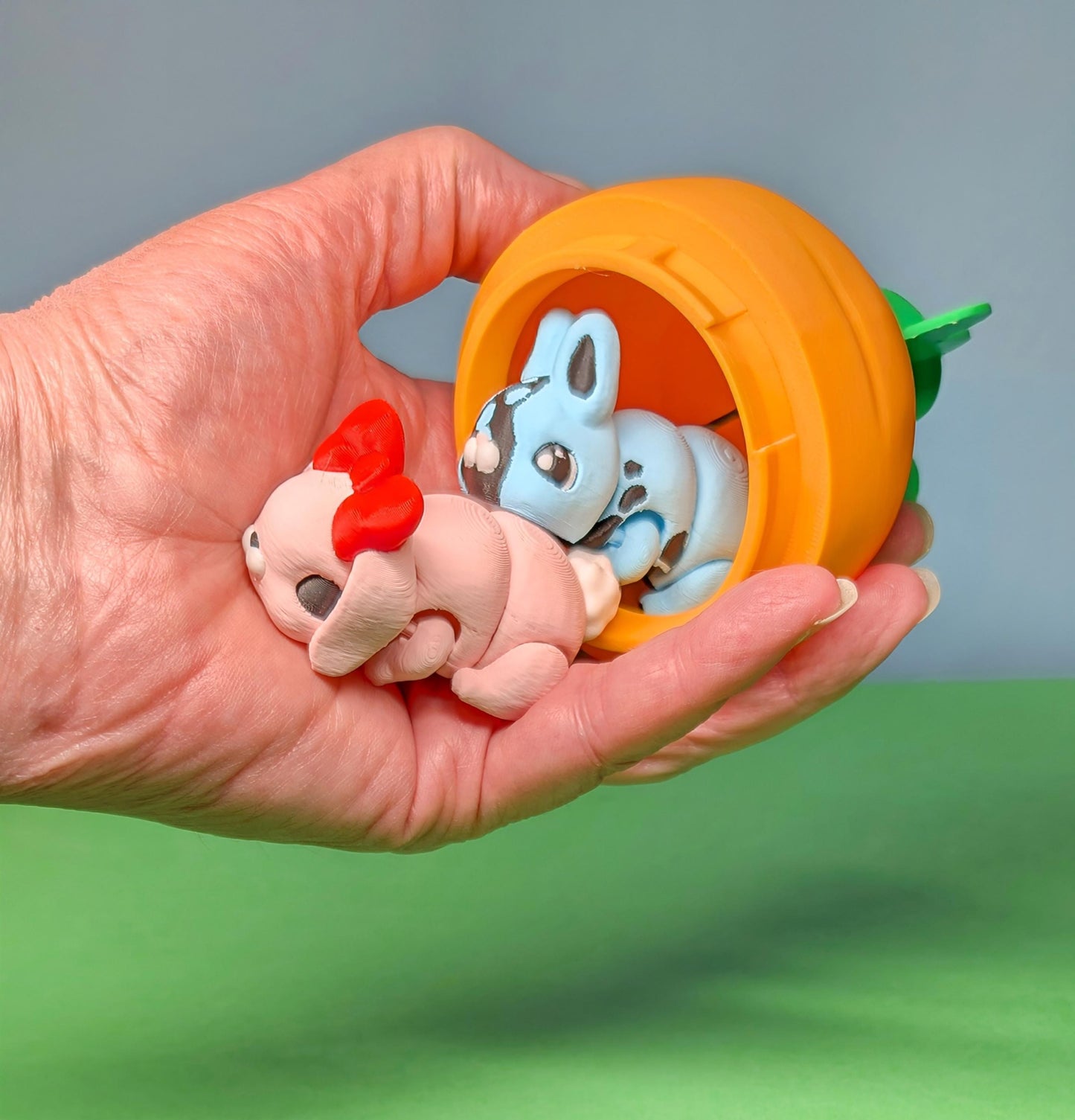 3D Printed Flexy, Fidget,  Articulated Bunnies, add on carrot container
